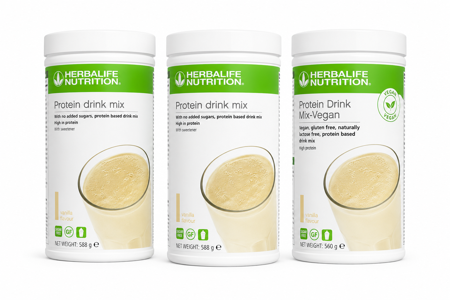 Herbalife Protein Drink Mix 3-Pack Bundle featuring 2 Standard Protein Drink Mix tubs and 1 Vegan Protein Drink Mix tub