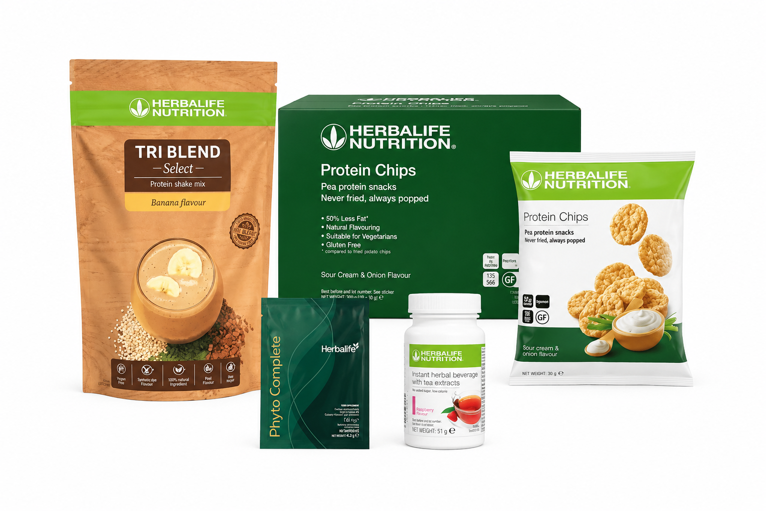 Vegan Daily Nutrition Bundle Standard 21 Days featuring Herbalife Tri Blend Select Banana Protein Shake, Protein Chips, Instant Herbal Beverage and Phyto Complete sachets 